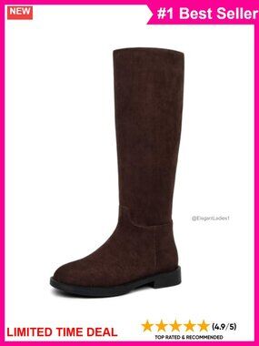 Women's Knee High Tall Boots Faux Suede Low Heel Round Toe Side Zip Riding Boots